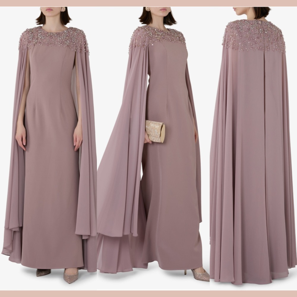 NWT Mac Duggal [ 2 ] 2343 Embellished Crepe Gown Chiffon Cape Heather Pink J2388